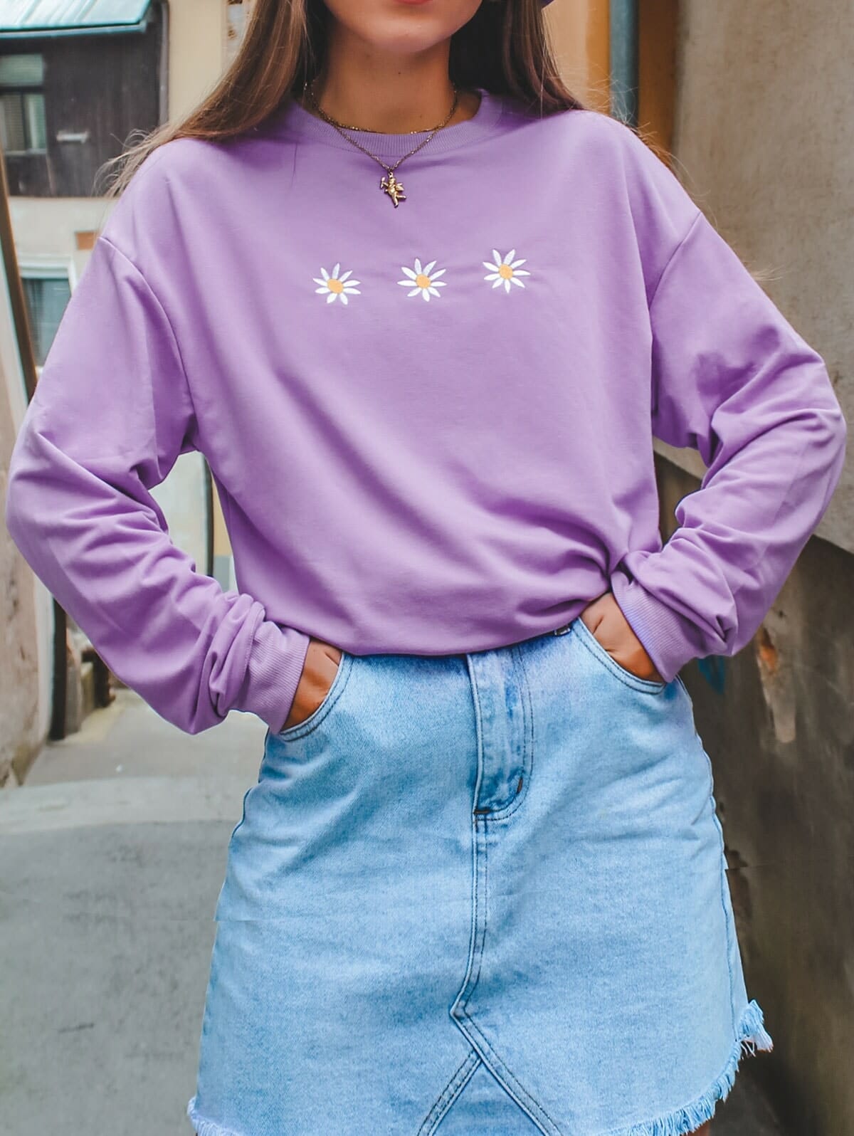 Get 52% Off Crew Neck Daisy Embroidered Sweatshirt